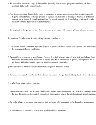 a) Se instalará la audiencia a cargo de la autoridad judicial y ésta ordenará que por secretaría se verifique la
asistencia de las partes y sus abogados.
b) Ante la inasistencia de algunas de las partes se suspenderá la audiencia por única vez bajo apercibimiento. Si
la parte demandante no se hiciere presente al segundo señalamiento, se tendrá por desistida la pretensión
siempre que se tratase de derechos disponibles. En caso de ausencia del demandado y existiendo la prueba
suficiente se podrá dictar sentencia en la audiencia.
c) Se explicará a las partes sus derechos y deberes, y el objeto del proceso aplicado al caso concreto.
d) Homologación del acuerdo de partes, si es presentado en audiencia.
e) Conciliación instada de oficio o a petición de parte, respecto de todos o algunos de los puntos controvertidos en
los casos permitidos por este Código.
f) Aprobación o rechazo de la conciliación. En caso de existir acuerdo total, el acta será aprobada en Auto
Definitivo poniendo fin al proceso en el mismo acto. Si la conciliación es parcial, será aprobada en lo
pertinente, debiendo proseguir el proceso sobre los puntos no conciliados.
g) Ratificación de la demanda y de la contestación, y alegación de hechos nuevos.
h) Saneamiento procesal y resolución de incidentes planteados o las que la autoridad judicial hubiese advertido.
i) Resolución de las excepciones opuestas.
j) Establecimiento de los hechos a probar, fijación del objeto de la prueba, admisión o rechazo de la prueba ofrecida.
En caso de admisión, dispondrá el momento de su recepción, antes o durante la audiencia complementaria.
k) Se podrá ofrecer o presentar otras pruebas que no hayan sido propuestas en la demanda o contestación.
l) Se decidirá sobre la admisión o rechazo de la prueba ofrecida o presentada.
 
