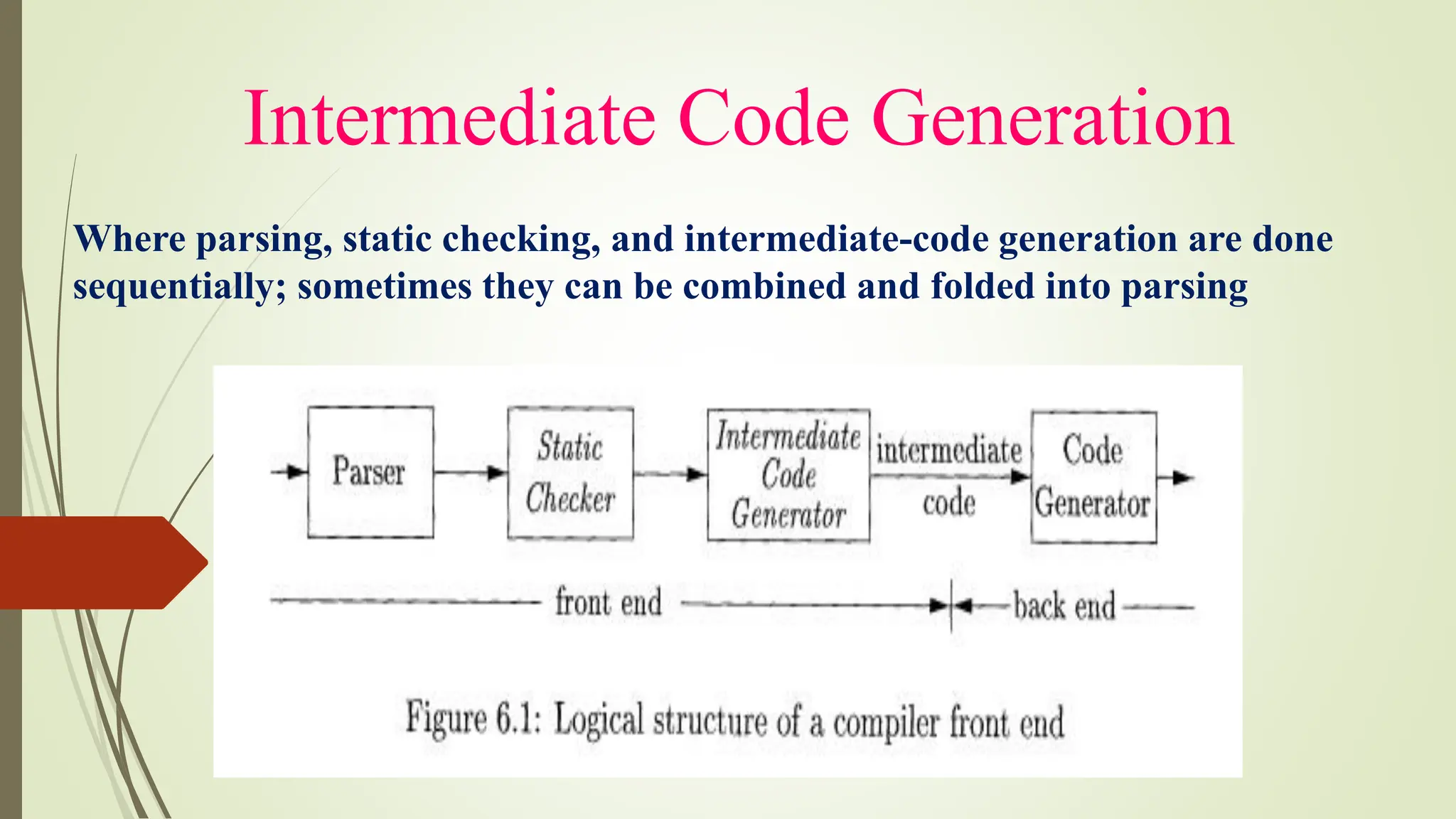 Intermediate Code Generation
Where parsing, static checking, and intermediate-code generation are done
sequentially; sometimes they can be combined and folded into parsing
 