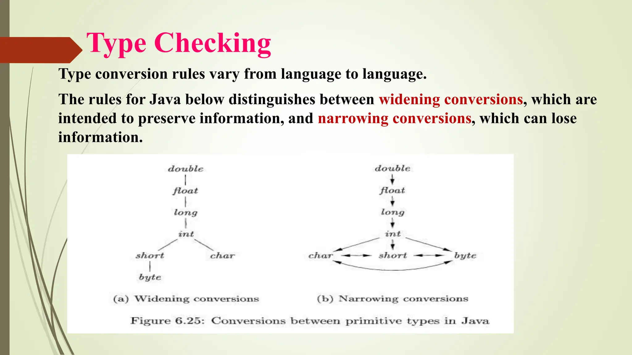 Type Checking
Type conversion rules vary from language to language.
The rules for Java below distinguishes between widening conversions, which are
intended to preserve information, and narrowing conversions, which can lose
information.
 