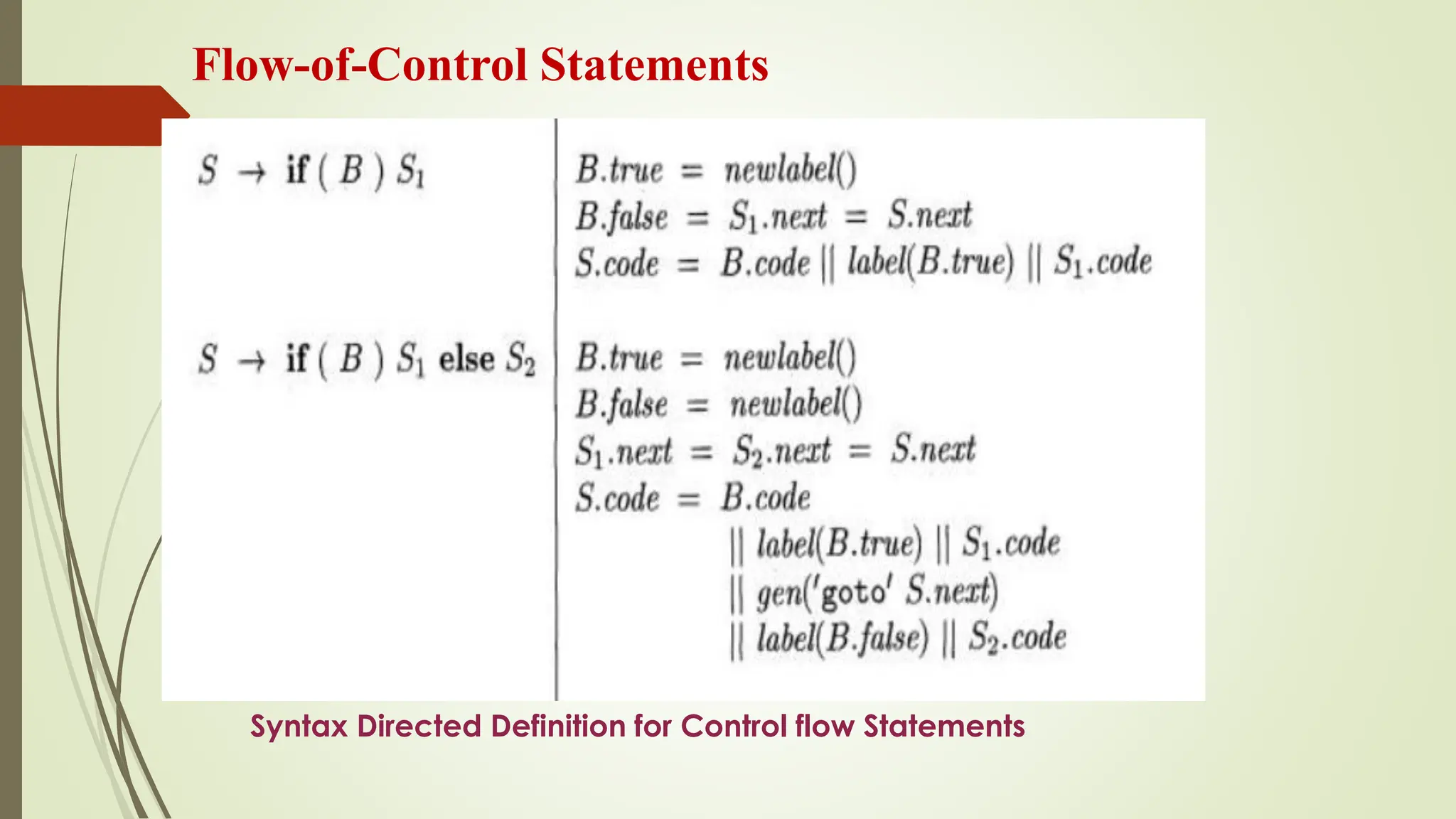 Flow-of-Control Statements
Syntax Directed Definition for Control flow Statements
 