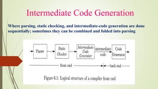 Intermediate Code Generation
Where parsing, static checking, and intermediate-code generation are done
sequentially; sometimes they can be combined and folded into parsing
 