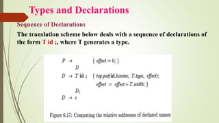 Types and Declarations
Sequence of Declarations
The translation scheme below deals with a sequence of declarations of
the form T id ;, where T generates a type.
 