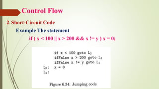 Control Flow
2. Short-Circuit Code
Example The statement
if ( x < 100 || x > 200 && x != y ) x = 0;
 