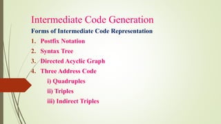 Intermediate Code Generation
Forms of Intermediate Code Representation
1. Postfix Notation
2. Syntax Tree
3. Directed Acyclic Graph
4. Three Address Code
i) Quadruples
ii) Triples
iii) Indirect Triples
 