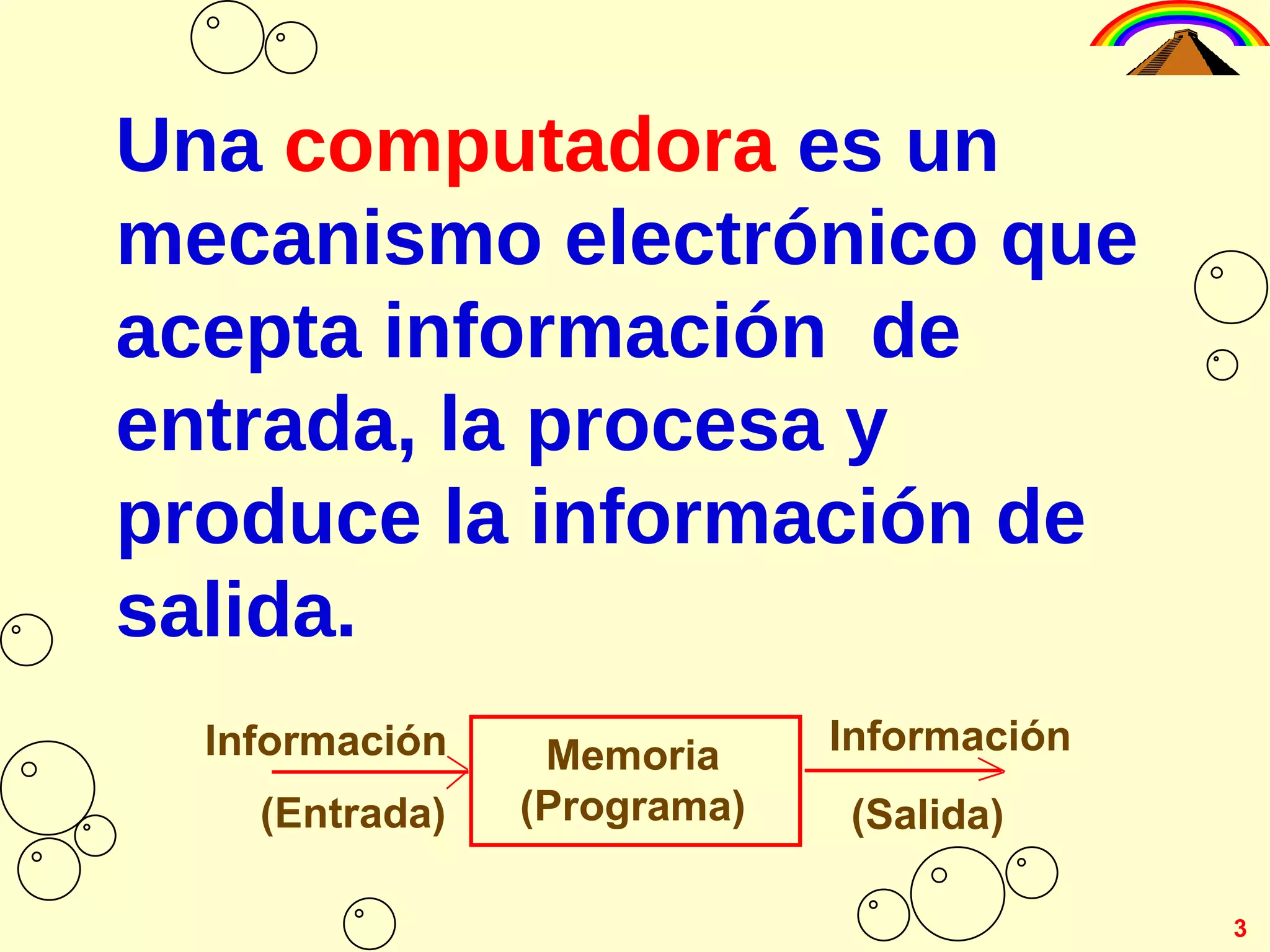 Una computadora es un mecanismo electrónico que acepta información de entrada, la procesa y produce la información de salida. 3 Memoria (Programa) Información (Salida) (Entrada) Información