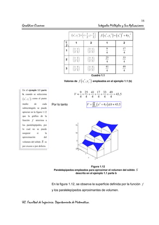 16

Geraldine Cisneros

Integrales Múltiples y Sus Aplicaciones

(x

*

i

1
 1
, y j* ) =  i − , j − 
2
 2

f ( xi* , y j * ) = ( xi* ) + 4 y j *
2

i
j

1

2

1

2

1

1 1
 , 
2 2

3 1
 , 
2 2

9
4

17
4

2

1 3
 , 
2 2

3 3
 , 
2 2

25
4

33
4

3

1 5
 , 
2 2

3 5
 , 
2 2

41
4

49
4

Cuadro 1.1

(

*

Valores de f xi , y j
En el ejemplo 1.1 parte

V≈

b, cuando se selecciona

(x

i

*

, y j * ) como el punto

medio

de

cada

subrectángulo se puede

Por lo tanto

*

) empleados en el ejemplo 1.1 (b)

9 25 41 17 33 49
+ + + + +
= 43,5
4 4
4 4 4
4
V = ∫∫ ( x 2 + 4 y ) dA ≈ 43,5
D

apreciar en la figura 1.12
que la gráfica de la
función

f

atraviesa a

los paralelepípedos, por
lo cual no se puede
asegurar

si

la

aproximación
volumen del sólido

del

S

es

por exceso o por defecto.

Figura 1.12
Paralelepípedos empleados para aproximar el volumen del sólido S
descrito en el ejemplo 1.1 parte b

En la figura 1.12, se observa la superficie definida por la función f
y los paralelepípedos aproximantes de volumen.

UC. Facultad de Ingeniería. Departamento de Matemática.

 