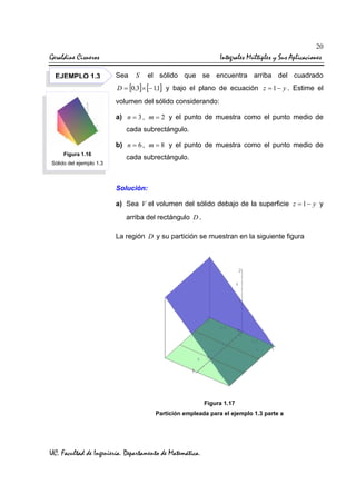 20

Geraldine Cisneros
EJEMPLO 1.3

Integrales Múltiples y Sus Aplicaciones
Sea

S

el sólido que se encuentra arriba del cuadrado

D = [0 ,3]× [− 1,1] y bajo el plano de ecuación z = 1 − y . Estime el

volumen del sólido considerando:
a) n = 3 , m = 2 y el punto de muestra como el punto medio de
cada subrectángulo.
b) n = 6 , m = 8 y el punto de muestra como el punto medio de
Figura 1.16
Sólido del ejemplo 1.3

cada subrectángulo.

Solución:
a) Sea V el volumen del sólido debajo de la superficie z = 1 − y y
arriba del rectángulo D .
La región D y su partición se muestran en la siguiente figura

Figura 1.17
Partición empleada para el ejemplo 1.3 parte a

UC. Facultad de Ingeniería. Departamento de Matemática.

 