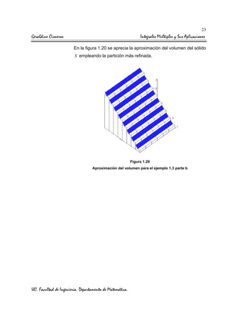 23

Geraldine Cisneros

Integrales Múltiples y Sus Aplicaciones
En la figura 1.20 se aprecia la aproximación del volumen del sólido
S empleando la partición más refinada.

Figura 1.20
Aproximación del volumen para el ejemplo 1.3 parte b

UC. Facultad de Ingeniería. Departamento de Matemática.

 