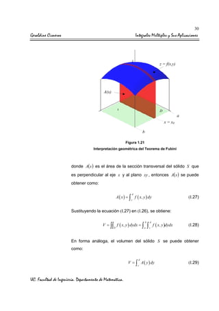 30

Geraldine Cisneros

Integrales Múltiples y Sus Aplicaciones

z = f(x,y)

A(x)

D

a
x = x0
b
Figura 1.21
Interpretación geométrica del Teorema de Fubini

donde A(x ) es el área de la sección transversal del sólido S que
es perpendicular al eje x y al plano xy , entonces A(x ) se puede
obtener como:
d

A ( x ) = ∫ f ( x, y ) dy

(I.27)

c

Sustituyendo la ecuación (I.27) en (I.26), se obtiene:
V = ∫∫ f ( x, y ) dydx = ∫
D

b
a

∫

d
c

f ( x, y )dydx

(I.28)

En forma análoga, el volumen del sólido S se puede obtener
como:
d

V = ∫ A ( y ) dy
c

UC. Facultad de Ingeniería. Departamento de Matemática.

(I.29)

 