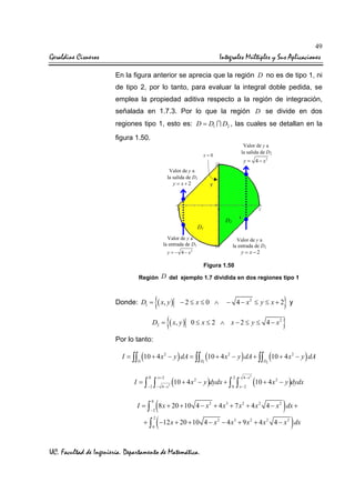 49

Geraldine Cisneros

Integrales Múltiples y Sus Aplicaciones
En la figura anterior se aprecia que la región D no es de tipo 1, ni
de tipo 2, por lo tanto, para evaluar la integral doble pedida, se
emplea la propiedad aditiva respecto a la región de integración,
señalada en 1.7.3. Por lo que la región D se divide en dos
regiones tipo 1, esto es: D = D1 ∩ D2 , las cuales se detallan en la
figura 1.50.
Valor de y a
la salida de D2

x=0

y = 4 − x2

Valor de y a
la salida de D1
y = x+2

D2

D1
Valor de y a
la entrada de D1

Valor de y a
la entrada de D2

y = x−2

y = − 4 − x2

Figura 1.50
Región D del ejemplo 1.7 dividida en dos regiones tipo 1

{( x, y ) − 2 ≤ x ≤ 0 ∧ − 4 − x ≤ y ≤ x + 2} y
D = {( x, y ) 0 ≤ x ≤ 2 ∧ x − 2 ≤ y ≤ 4 − x }

Donde: D1 =

2

2

2

Por lo tanto:

I = ∫∫ (10 + 4 x 2 − y ) dA = ∫∫ (10 + 4 x 2 − y ) dA + ∫∫
D

D1

I =∫

0
−2

∫

x+2
− 4− x

D2

10 + 4 x 2 − y )dydx + ∫
2 (

2
0

∫

4− x2
x−2

(10 + 4 x

(10 + 4 x

2

2

− y ) dA

− y )dydx

(8x + 20 + 10 4 − x + 4 x + 7 x + 4 x 4 − x ) dx +
+ ∫ ( −12 x + 20 + 10 4 − x − 4 x + 9 x + 4 x 4 − x ) dx

I =∫

0

2

3

2

2

2

−2

2

0

UC. Facultad de Ingeniería. Departamento de Matemática.

2

3

2

2

2

 