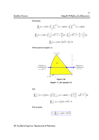 52

Geraldine Cisneros

Integrales Múltiples y Sus Aplicaciones
Entonces:

∫∫

D1

( x + y ) dA = ∫

0

∫

3
2

−

0



2

−x

( x + y )dydx + ∫

3
0

∫

9− x2
0

( x + y )dydx

3
9
9 x2 
9 − x 2 +  dx + ∫  x 9 − x 2 + −  dx
0
2
2 2



∫∫D ( x + y ) dA = ∫ − 3  x
1

9− x2

∫∫ ( x + y ) dA = ( 9
D1

)

2 − 9 + 18

Ahora para la región D2:
 3 3 
,
−

2 2


D2
Valor de x a
la entrada de D2

Valor de x a
la salida de D2

x = −y

x = − 9 − y2

y=0
Figura 1.54
Región D2 del ejemplo 1.8

Así:


∫∫D2 − ( x + y ) dA = − ∫ 0

∫∫

3
2

D2

∫

3

−y
− 9− y

2


( x + y )dxdy = − ∫ 0 2 

 − ( x + y )  dA = 9 2 − 9



Por lo tanto
I = ∫∫ x + y dA = 18 2
D

UC. Facultad de Ingeniería. Departamento de Matemática.

9

− y 9 − y 2  dy
2


 
