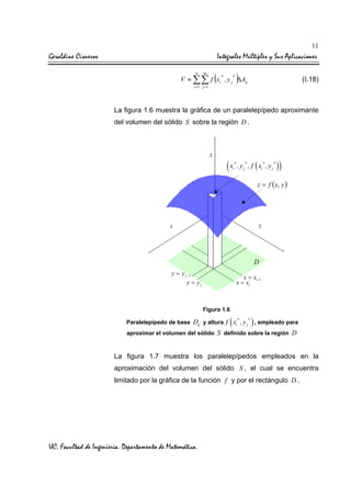 11

Geraldine Cisneros

Integrales Múltiples y Sus Aplicaciones
n

m

(

)

V ≈ ∑∑ f xi , y j ∆Aij
i =1 j =1

*

*

(I.18)

La figura 1.6 muestra la gráfica de un paralelepípedo aproximante
del volumen del sólido S sobre la región D .

(x

*
i

, y j* , f ( xi* , y j* )

)

z = f ( x, y )

D
y = y j −1
y = yj

x = xi −1
x = xi

Figura 1.6
Paralelepípedo de base

Dij y altura f ( xi* , y j* ) , empleado para

aproximar el volumen del sólido S definido sobre la región

D

La figura 1.7 muestra los paralelepípedos empleados en la
aproximación del volumen del sólido S , el cual se encuentra
limitado por la gráfica de la función f y por el rectángulo D .

UC. Facultad de Ingeniería. Departamento de Matemática.

 