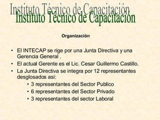 El INTECAP se rige por una Junta Directiva y una Gerencia General . El actual Gerente es el Lic. Cesar Guillermo Castillo. La Junta Directiva se integra por 12 representantes desglosados así: 3 representantes del Sector Publico 6 representantes del Sector Privado 3 representantes del sector Laboral Instituto Técnico de Capacitación Organización 