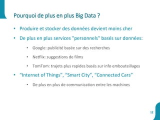 • Produire et stocker des données devient moins cher
• De plus en plus services "personnels" basés sur données:
• Google: publicité basée sur des recherches
• Netflix: suggestions de films
• TomTom: trajets plus rapides basés sur info embouteillages
• “Internet of Things”, “Smart City”, “Connected Cars”
• De plus en plus de communication entre les machines
Pourquoi de plus en plus Big Data ?
12
 