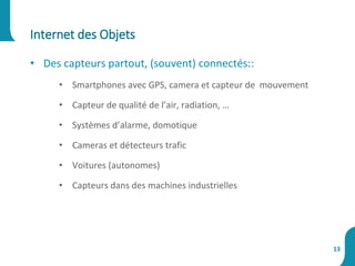 • Des capteurs partout, (souvent) connectés::
• Smartphones avec GPS, camera et capteur de mouvement
• Capteur de qualité de l’air, radiation, …
• Systèmes d’alarme, domotique
• Cameras et détecteurs trafic
• Voitures (autonomes)
• Capteurs dans des machines industrielles
Internet des Objets
13
 