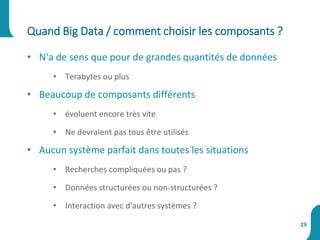 Quand Big Data / comment choisir les composants ?
29
• N'a de sens que pour de grandes quantités de données
• Terabytes ou plus
• Beaucoup de composants différents
• évoluent encore très vite
• Ne devraient pas tous être utilisés
• Aucun système parfait dans toutes les situations
• Recherches compliquées ou pas ?
• Données structurées ou non-structurées ?
• Interaction avec d'autres systèmes ?
 