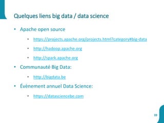 • Apache open source
• https://projects.apache.org/projects.html?category#big-data
• http://hadoop.apache.org
• http://spark.apache.org
• Communauté Big Data:
• http://bigdata.be
• Évènement annuel Data Science:
• https://datasciencebe.com
Quelques liens big data / data science
39
 