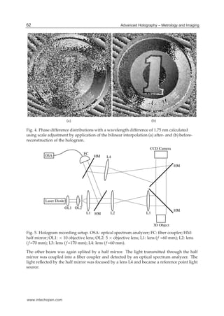 10 Hologram / Book 2
(a) (b)
Fig. 4. Phase difference distributions with a wavelength difference of 1.75 nm calculated
using scale adjustment by application of the bilinear interpolation (a) after- and (b) before-
reconstruction of the hologram.
Laser Diode
OL1 OL2
L1 L2 L3HM
HM L4
HM
HM
3D Object
FC
OSA
CCD Camera
Fig. 5. Hologram recording setup. OSA: optical spectrum analyzer; FC: ﬁber coupler; HM:
half mirror; OL1: × 10 objective lens; OL2: 5 × objective lens; L1: lens (f =60 mm); L2: lens
(f=70 mm); L3: lens ( f=170 mm); L4: lens (f=60 mm).
The other beam was again splited by a half mirror. The light transmitted through the half
mirror was coupled into a ﬁber coupler and detected by an optical spectrum analyzer. The
light reﬂected by the half mirror was focused by a lens L4 and became a reference point light
source.
62 Advanced Holography – Metrology and Imaging
www.intechopen.com
 