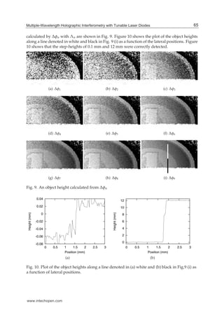 Multiple-Wavelength Holographic Interferometry with Tunable Laser Diodes 13
calculated by Δφn with Λn are shown in Fig. 9. Figure 10 shows the plot of the object heights
along a line denoted in white and black in Fig. 9 (i) as a function of the lateral positions. Figure
10 shows that the step-heights of 0.1 mm and 12 mm were correctly detected.
(a) Δφ1 (b) Δφ2 (c) Δφ3
(d) Δφ4 (e) Δφ5 (f) Δφ6
(g) Δφ7 (h) Δφ8 (i) Δφ9
Fig. 9. An object height calculated from Δφn
-0.08
-0.06
-0.04
-0.02
0
0.02
0.04
0 0.5 1 1.5 2 2.5 3
Height(mm)
Position (mm)
(a)
0
2
4
6
8
10
12
0 0.5 1 1.5 2 2.5 3
Height(mm)
Position (mm)
(b)
Fig. 10. Plot of the object heights along a line denoted in (a) white and (b) black in Fig.9 (i) as
a function of lateral positions.
65Multiple-Wavelength Holographic Interferometry with Tunable Laser Diodes
www.intechopen.com
 
