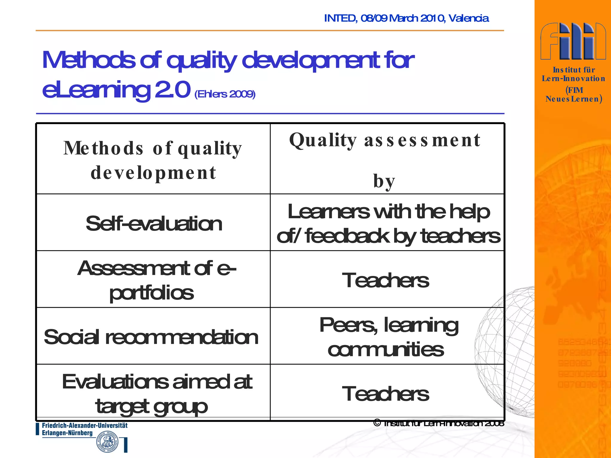 Methods of quality development for eLearning 2.0  (Ehlers 2009)   Teachers   Evaluations aimed at target group  Peers, learning communities   Social recommendation   Teachers   Assessment of e-portfolios  Learners with the help of/ feedback by teachers  Self-evaluation   Quality assessment  by   Methods of quality development 