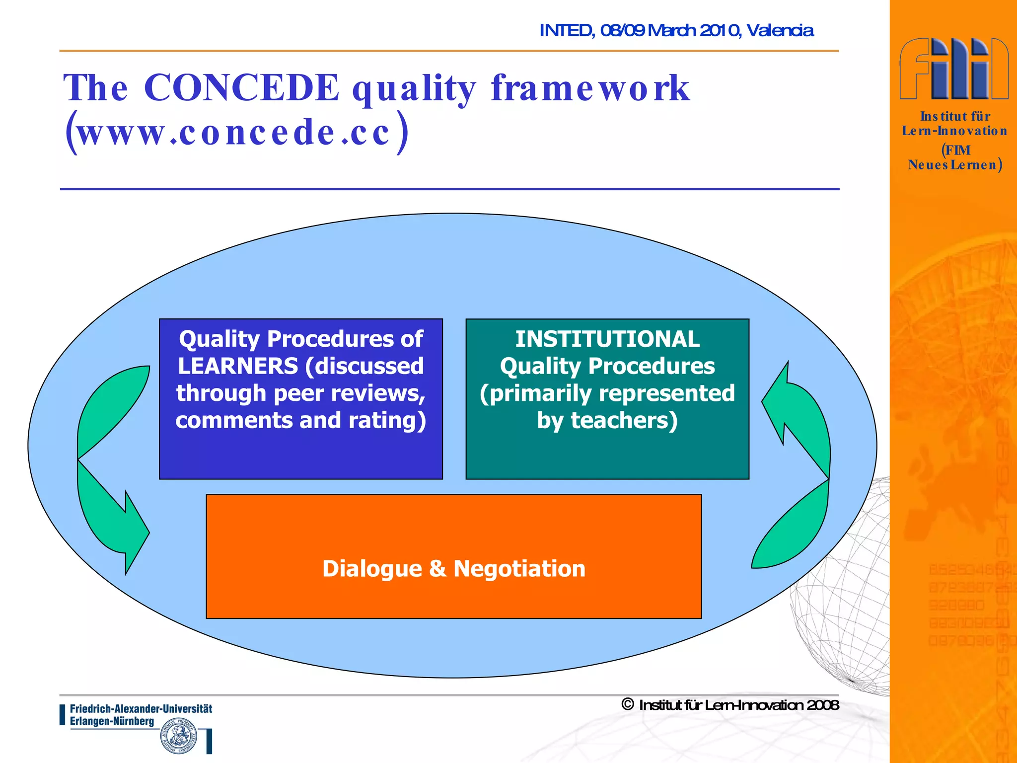 The CONCEDE quality framework (www.concede.cc) Quality Procedures of LEARNERS (discussed through peer reviews, comments and rating) INSTITUTIONAL Quality Procedures (primarily represented by teachers) Dialogue & Negotiation 
