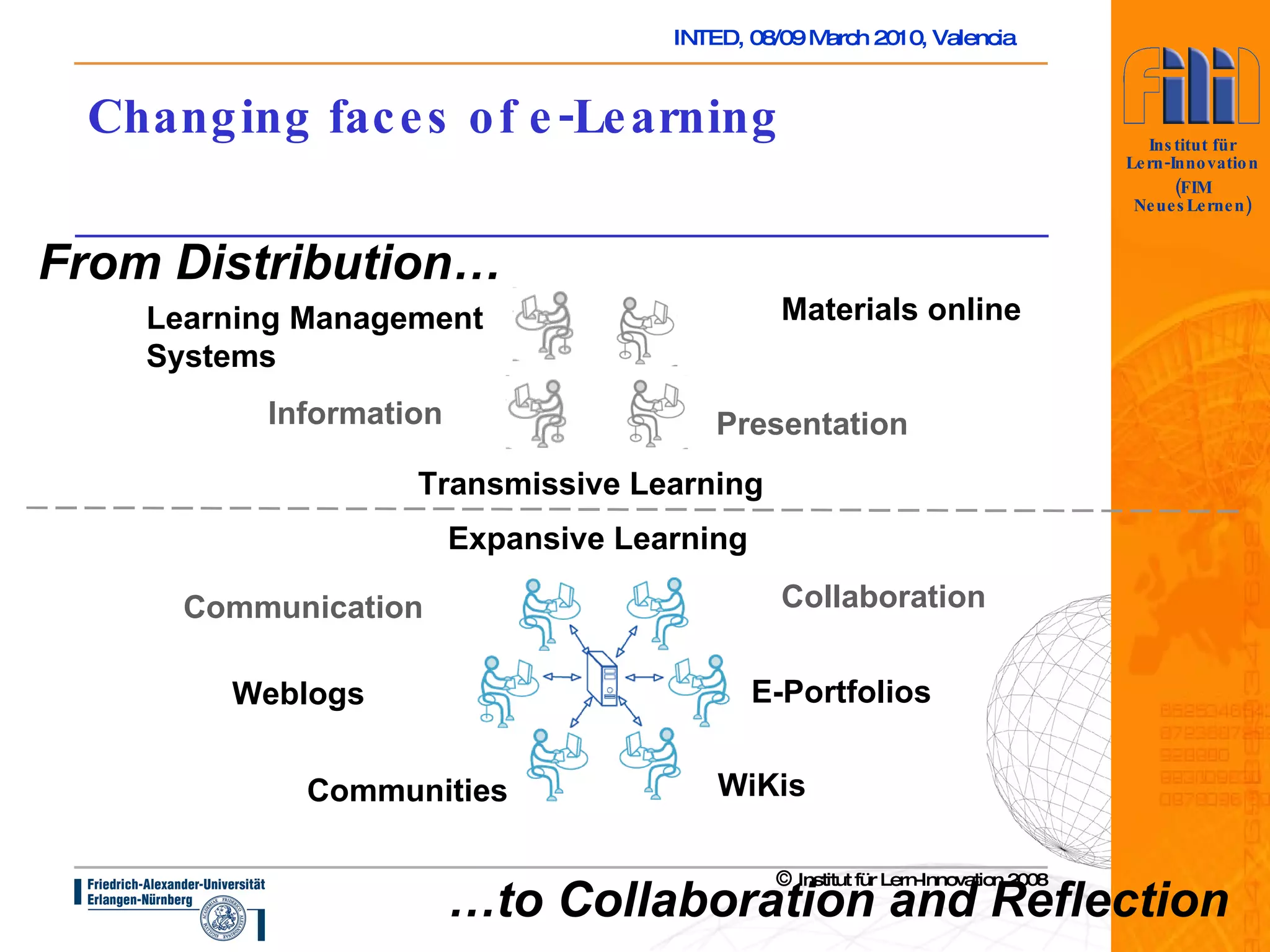 Changing faces of e-Learning From Distribution…   … to Collaboration and Reflection Transmissive Learning Expansive Learning Learning Management  Systems Materials online Presentation Information E-Portfolios Weblogs Communication Collaboration WiKis Communities 