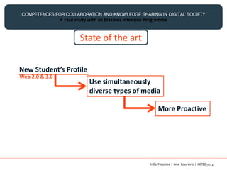 Inês Messias | Ana Loureiro | INTED2014
COMPETENCES FOR COLLABORATION AND KNOWLEDGE SHARING IN DIGITAL SOCIETY
A case study with an Erasmus Intensive Programme
New Student’s Profile
Use simultaneously
diverse types of media
More Proactive
Web 2.0 & 3.0
State of the art
 