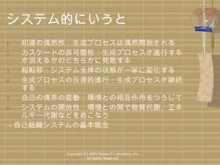 システム的にいうと
初源の偶然性：生成プロセスは偶然開始される
2.
カスケードの非可塑性：生成プロセスが進行する
か消えるかのどちらかに発散する
3.
相転移：システム全体の状態が一挙に変化する
4.
生成プロセスの反復的進行：生成プロセスが継続
する
5.
自己の境界の変動：環境との相互作用をつうじて
6.
システムの開放性：環境との間で物質代謝、エネ
ルギー代謝などをおこなう
→ 自己組織システムの基本概念
1.

Copyright (C) 2005 Denso IT Laboratory, Inc.
All Rights Reserved.

 