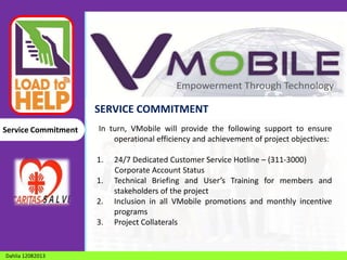 SERVICE COMMITMENT
Service Commitment

In turn, VMobile will provide the following support to ensure
operational efficiency and achievement of project objectives:
1.
1.
2.
3.

Dahlia 12082013

24/7 Dedicated Customer Service Hotline – (311-3000)
Corporate Account Status
Technical Briefing and User’s Training for members and
stakeholders of the project
Inclusion in all VMobile promotions and monthly incentive
programs
Project Collaterals

 