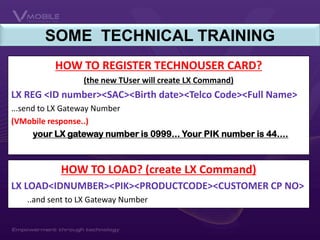 SOME TECHNICAL TRAINING
HOW TO REGISTER TECHNOUSER CARD?
(the new TUser will create LX Command)

LX REG <ID number><SAC><Birth date><Telco Code><Full Name>
...send to LX Gateway Number
(VMobile response..)
your LX gateway number is 0999... Your PIK number is 44....

HOW TO LOAD? (create LX Command)
LX LOAD<IDNUMBER><PIK><PRODUCTCODE><CUSTOMER CP NO>
..and sent to LX Gateway Number

 