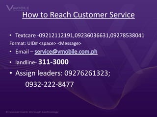 How to Reach Customer Service
• Textcare -09212112191,09236036631,09278538041
Format: UID# <space> <Message>

• Email –
• landline- 311-3000

• Assign leaders: 09276261323;
0932-222-8477

 