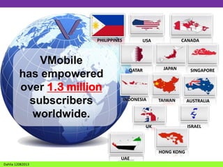 PHILIPPINES

VMobile
has empowered
over 1.3 million
subscribers
worldwide.

CANADA

USA

JAPAN

QATAR

INDONESIA

TAIWAN

HONG KONG
Dahlia 12082013

AUSTRALIA

ISRAEL

UK

UAE

SINGAPORE

 