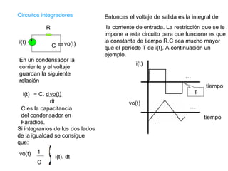 Circuitos integradores C R vo(t) i(t) i(t) vo(t) = C. d dt vo(t) i(t). dt 1 C En un condensador la corriente y el voltaje guardan la siguiente relación  Si integramos de los dos lados de la igualdad se consigue que:  Entonces el voltaje de salida es la integral de la corriente de entrada. La restricción que se le impone a este circuito para que funcione es que la constante de tiempo R.C sea mucho mayor que el período T de i(t). A continuación un ejemplo. … … i(t) vo(t) T tiempo tiempo C es la capacitancia del condensador en Faradios. 
