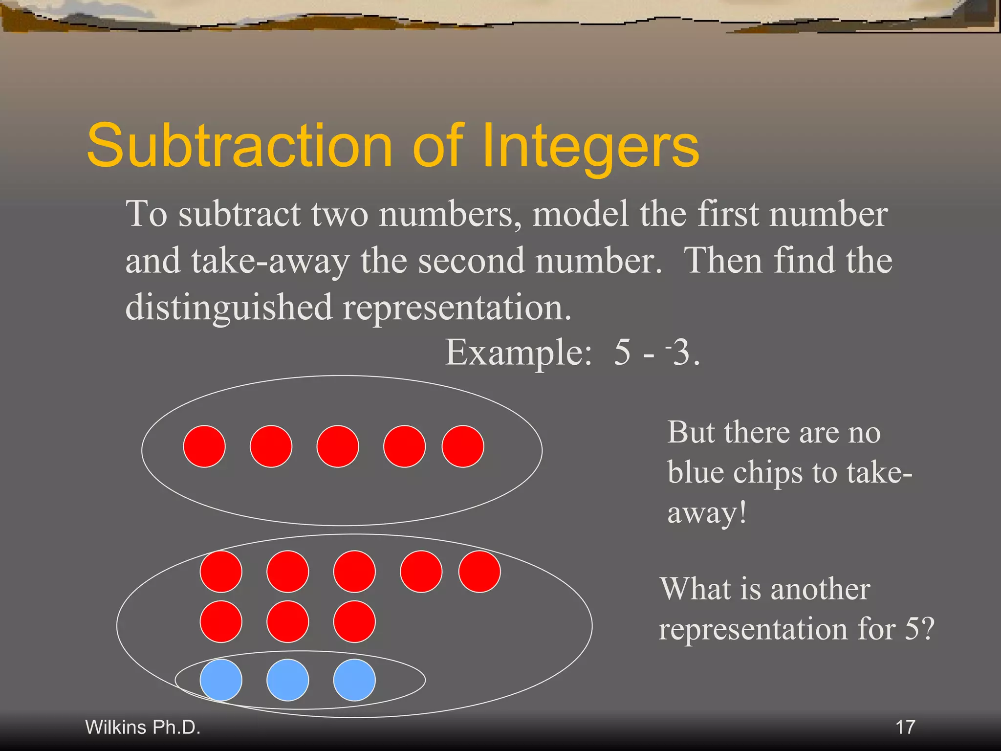 Subtraction of Integers To subtract two numbers, model the first number and take-away the second number.  Then find the distinguished representation. Example:  5 -  - 3. But there are no blue chips to take-away! What is another representation for 5? 