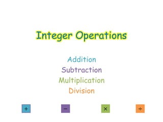 Integer Operations
Addition
Subtraction
Multiplication
Division
 