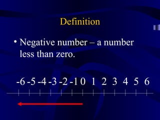Definition

• Negative number – a number
  less than zero.

-6 -5 -4 -3 -2 -1 0 1 2 3 4 5 6
 