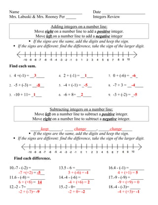 Name ______________________________                        Date _____________________
Mrs. Labuski & Mrs. Rooney Per _____                       Integers Review

                             Adding integers on a number line:
                  Move right on a number line to add a positive integer.
                   Move left on a number line to add a negative integer
                If the signs are the same, add the digits and keep the sign.
      If the signs are different: find the difference, take the sign of the larger digit.



Find each sum.

1.   4 +(-1) = __3____            4.   2 + (-1) = __1___          7.   0 + (-6) = _-6_

2.   -5 + (-3) = __-8__           5.   -4 + (-1) = _-5__          8.   -7 + 3 = __-4____

3.   -10 + 11= _1___              6.   -6 + 8= __2____            9.   -3 + (-2) = _-5


                          Subtracting integers on a number line:
                  Move left on a number line to subtract a positive integer.
                 Move right on a number line to subtract a negative integer.

                _____keep ______, ____ change_____, _____ change_____
                If the signs are the same, add the digits and keep the sign.
      If the signs are different: find the difference, take the sign of the larger digit.



     Find each difference.

10.-7 - (-2) = ______             13.5 - 6 = _______              16.4 - (-1) = _______
      -7 +(+2) = -5__                   5 + (-6) = -1                   4 + (+1) = 5
11.6 - (-8) = _______             14.-4 - (-6) = ______           17.-9 - (-9) = ______
      6 + (+8) = 14                     -4 + (+6) = 2                   -9 + (+9) = 0
12.-2 - 7= _______                15.-2 - 0= _______              18.-4 - (-3)= _____
      -2 + (-7)= -9                     -2 + 0= -2                      -4 + (+3)= -1
 