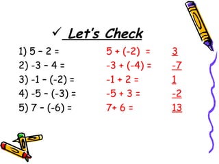 Let’s Check   1) 5 – 2 = 5 + (-2)  =  3 2) -3 – 4 = -3 + (-4) = -7 3) -1 – (-2) = -1 + 2 = 1 4) -5 – (-3) = -5 + 3 = -2 5) 7 – (-6) =  7+ 6 = 13 