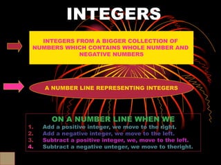 INTEGERS
   INTEGERS FROM A BIGGER COLLECTION OF
 NUMBERS WHICH CONTAINS WHOLE NUMBER AND
             NEGATIVE NUMBERS




     A NUMBER LINE REPRESENTING INTEGERS




       ON A NUMBER LINE WHEN WE
1.   Add a positive integer, we move to the right.
2.   Add a negative integer, we move to the left.
3.   Subtract a positive integer, we, move to the left.
4.   Subtract a negative unteger, we move to theright.
 