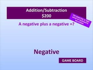 Addition/Subtraction
$200
A negative plus a negative =?
Negative
GAME BOARD
 