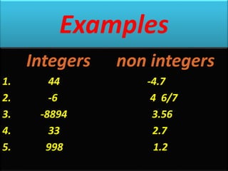 Examples
Integers non integers
1. 44 -4.7
2. -6 4 6/7
3. -8894 3.56
4. 33 2.7
5. 998 1.2
 