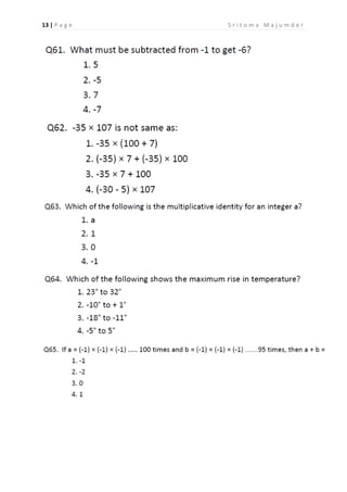 CBSE Grade 7 Mathematics Integers Multiple Choice Questions Worksheet | PDF