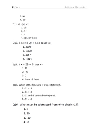 CBSE Grade 7 Mathematics Integers Multiple Choice Questions Worksheet | PDF
