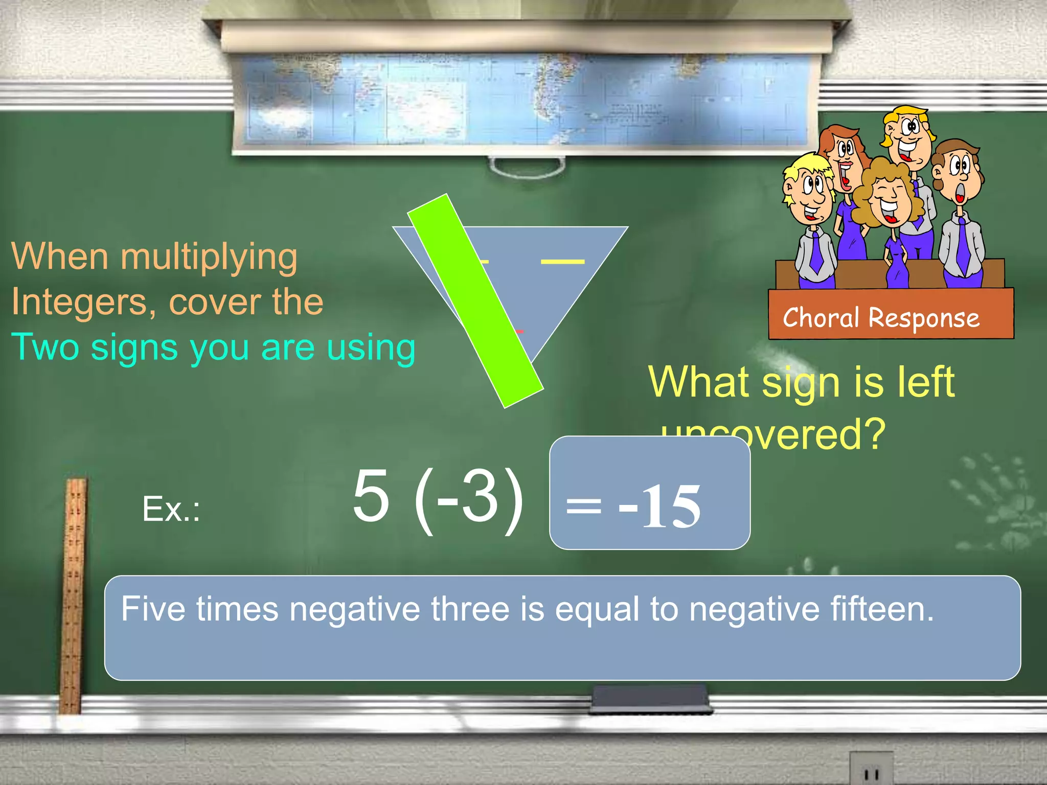 When multiplying
Integers, cover the
Two signs you are using
Ex.: 5 (-3)
What sign is left
uncovered?
Choral Response
= -15
Five times negative three is equal to negative fifteen.