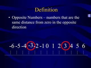 Definition
• Opposite Numbers – numbers that are the
same distance from zero in the opposite
direction
0 1 2 3 4 5 6-1-2-3-4-5-6
 