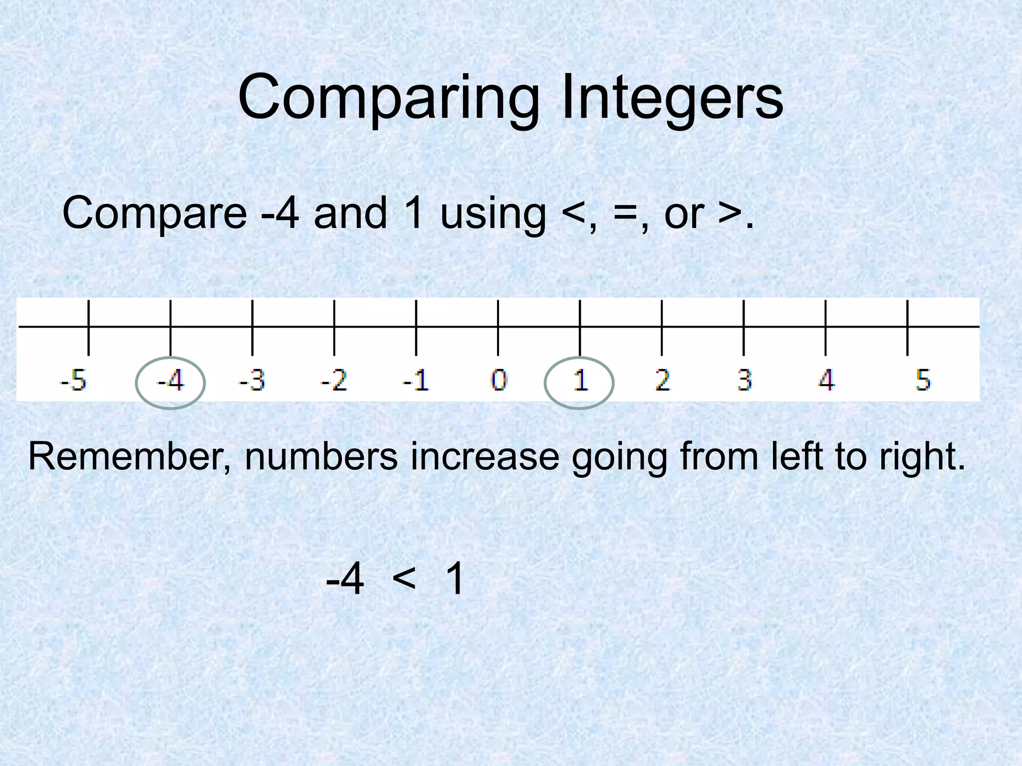 Comparing Integers
Compare -4 and 1 using <, =, or >.
Remember, numbers increase going from left to right.
-4 < 1
 