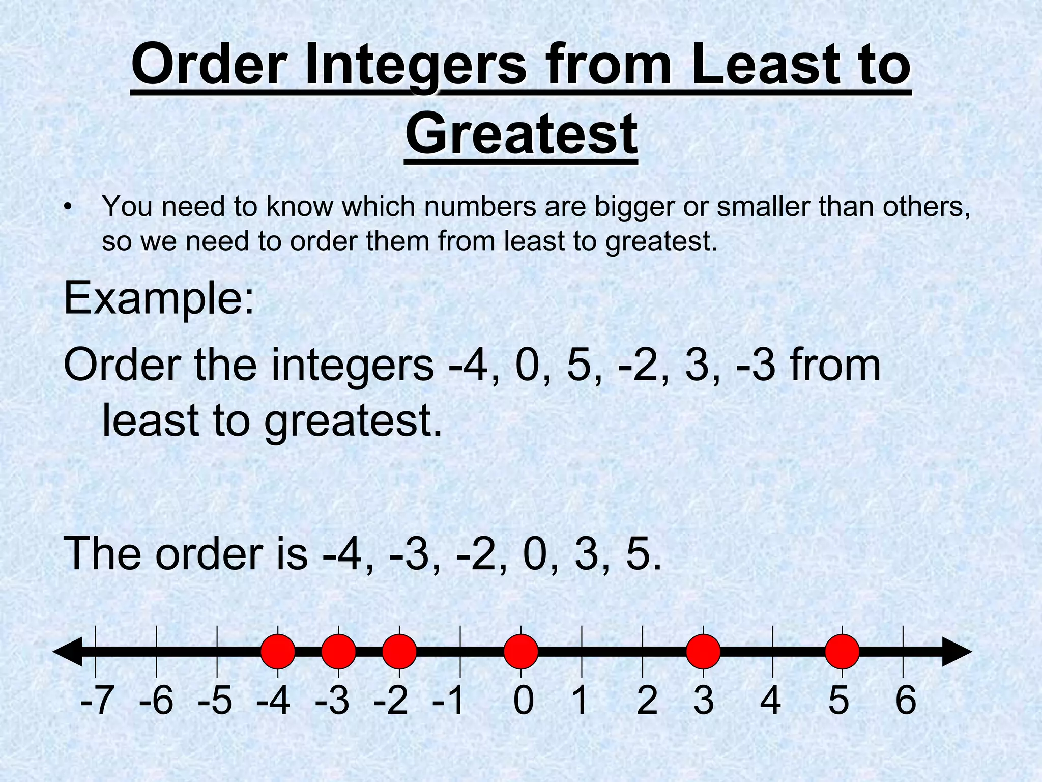 Order Integers from Least to
Greatest
• You need to know which numbers are bigger or smaller than others,
so we need to order them from least to greatest.
Example:
Order the integers -4, 0, 5, -2, 3, -3 from
least to greatest.
The order is -4, -3, -2, 0, 3, 5.
-7 -6 -5 -4 -3 -2 -1 0 1 2 3 4 5 6
 