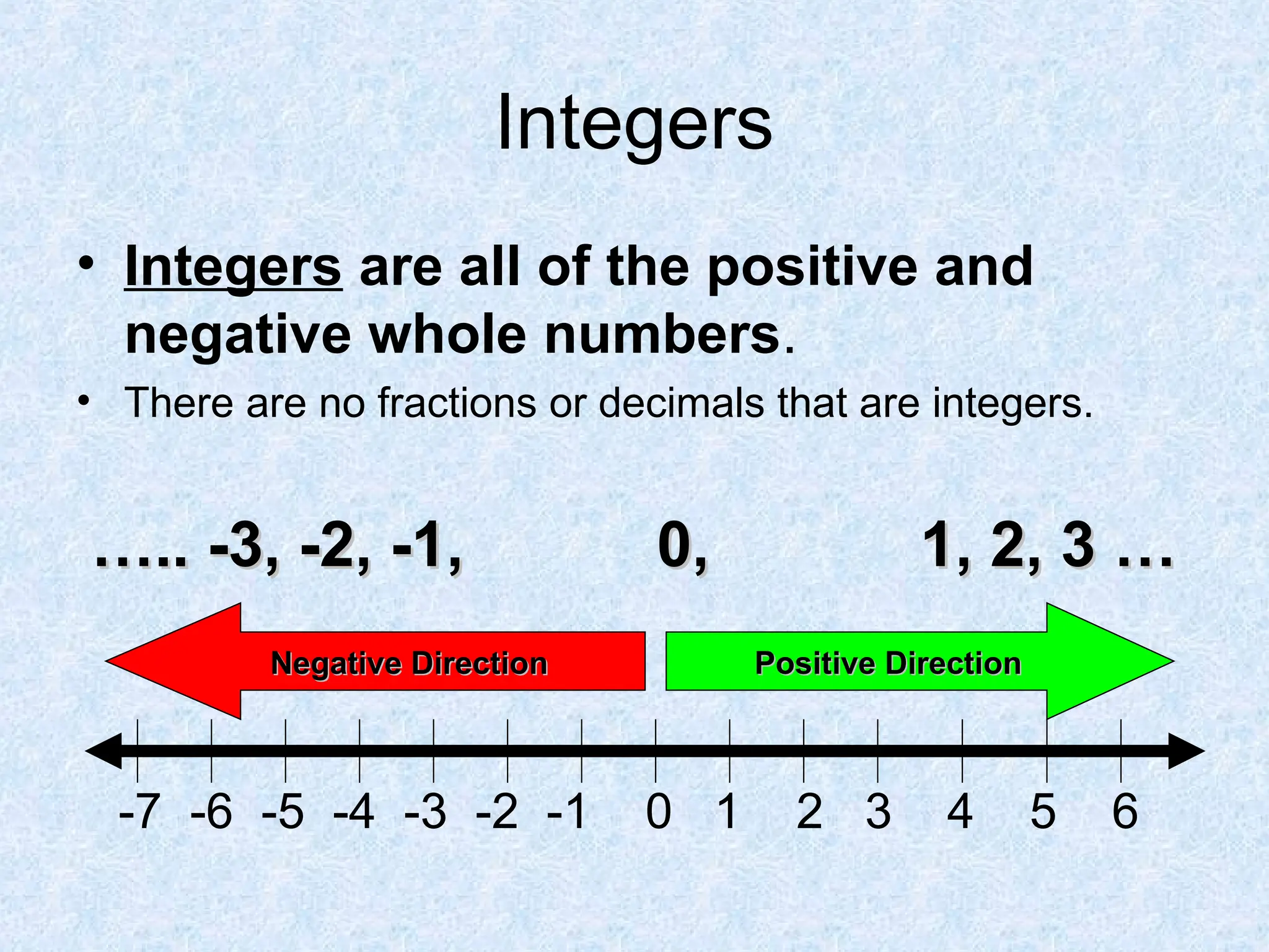 Integers
• Integers are all of the positive and
negative whole numbers.
• There are no fractions or decimals that are integers.
…
….. -3, -2, -1, 0, 1, 2, 3 …
.. -3, -2, -1, 0, 1, 2, 3 …
-7 -6 -5 -4 -3 -2 -1 0 1 2 3 4 5 6
Negative Direction
Negative Direction Positive Direction
Positive Direction
 