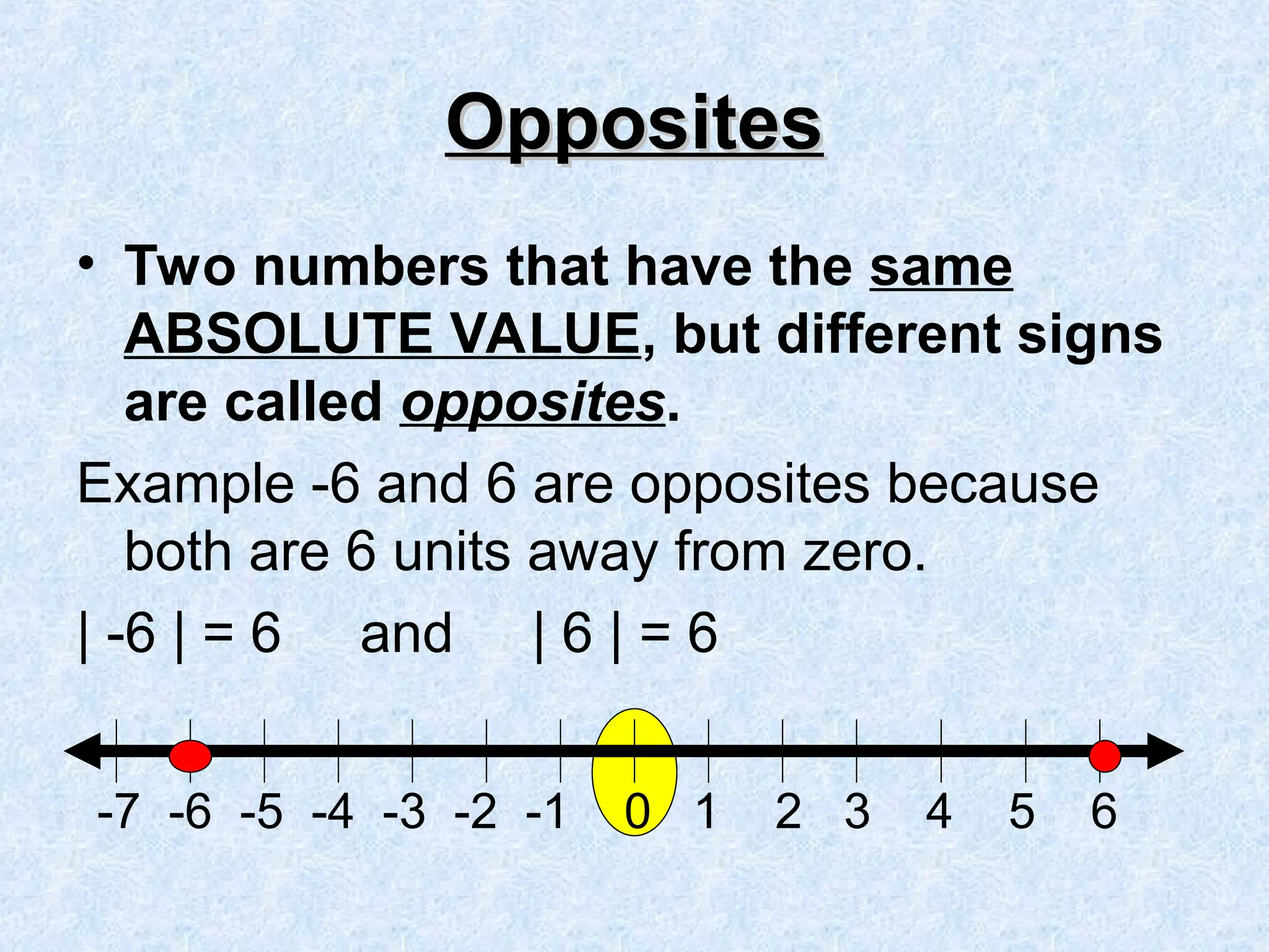 Opposites
Opposites
• Two numbers that have the same
ABSOLUTE VALUE, but different signs
are called opposites.
Example -6 and 6 are opposites because
both are 6 units away from zero.
| -6 | = 6 and | 6 | = 6
-7 -6 -5 -4 -3 -2 -1 0 1 2 3 4 5 6
 