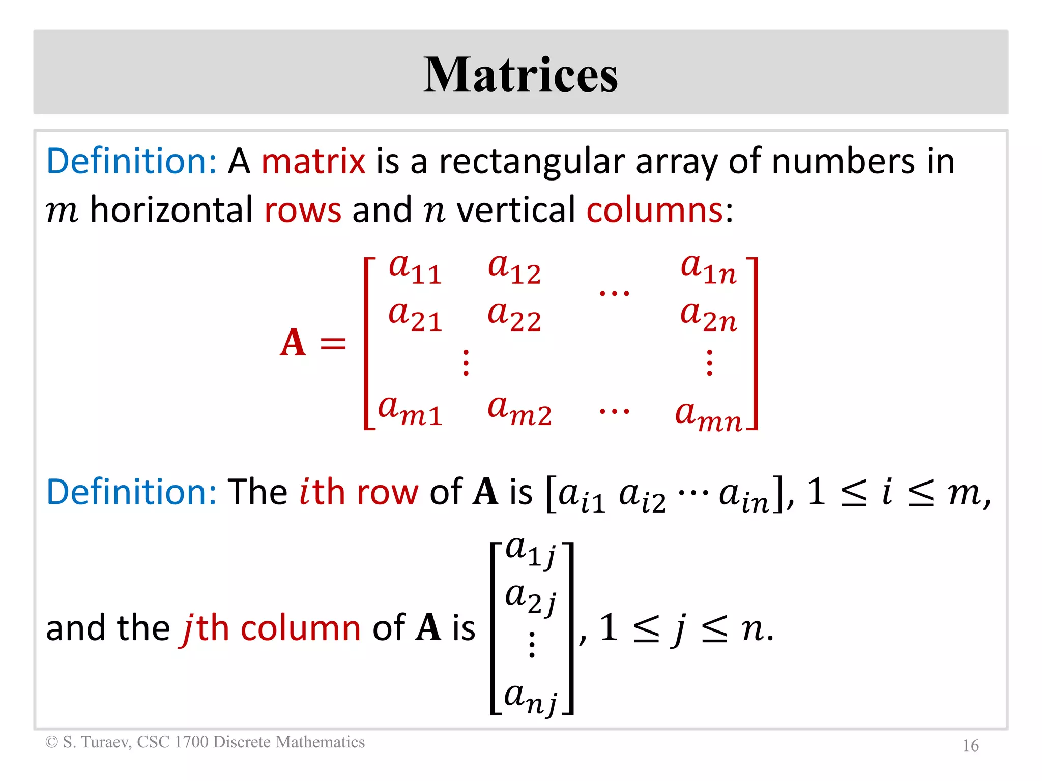 Matrices
Definition: A matrix is a rectangular array of numbers in
𝑚𝑚 horizontal rows and 𝑛𝑛 vertical columns:
𝐀𝐀 =
𝑎𝑎11 𝑎𝑎12
𝑎𝑎21 𝑎𝑎22
⋯
𝑎𝑎1𝑛𝑛
𝑎𝑎2𝑛𝑛
⋮ ⋮
𝑎𝑎 𝑚𝑚1 𝑎𝑎 𝑚𝑚𝑚 ⋯ 𝑎𝑎 𝑚𝑚𝑚𝑚
Definition: The 𝑖𝑖th row of 𝐀𝐀 is [𝑎𝑎𝑖𝑖 𝑖 𝑎𝑎𝑖𝑖 𝑖 ⋯ 𝑎𝑎𝑖𝑖 𝑖𝑖], 1 ≤ 𝑖𝑖 ≤ 𝑚𝑚,
and the 𝑗𝑗th column of 𝐀𝐀 is
𝑎𝑎1𝑗𝑗
𝑎𝑎2𝑗𝑗
⋮
𝑎𝑎𝑛𝑛𝑛𝑛
, 1 ≤ 𝑗𝑗 ≤ 𝑛𝑛.
16© S. Turaev, CSC 1700 Discrete Mathematics
 